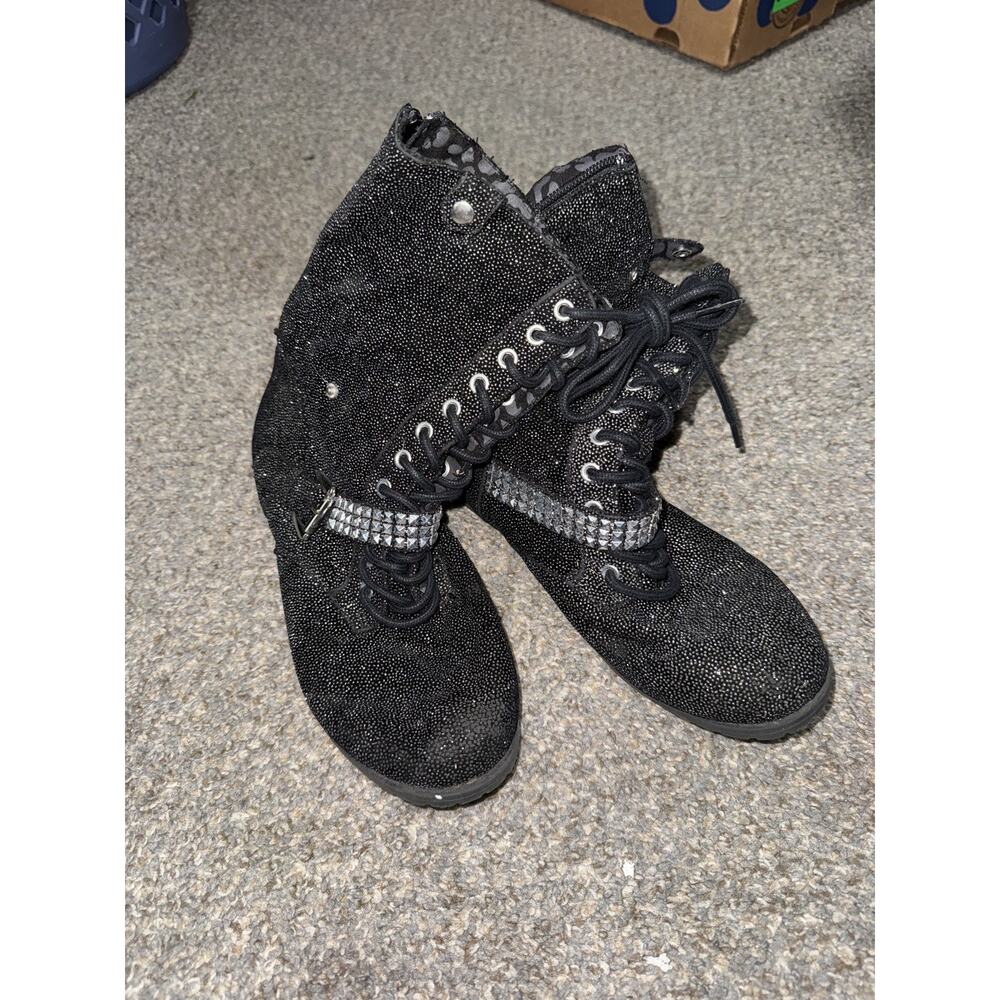JUSTICE SIZE 6 BOOTS CUFF DOWN BLACK SILVER SHIMMER/CHEETAH STUD STRAP TRENDY